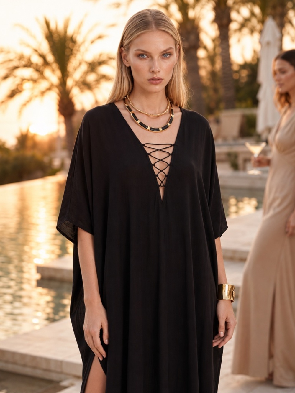Shahida Parides Black Kaftan Maxi Dress Elegant Evening Formal Resort Gown